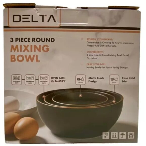 Delta Stoneware Mixing Bowl 3 Piece Set Round Matte Black Rose Gold Trim New - Picture 3 of 12